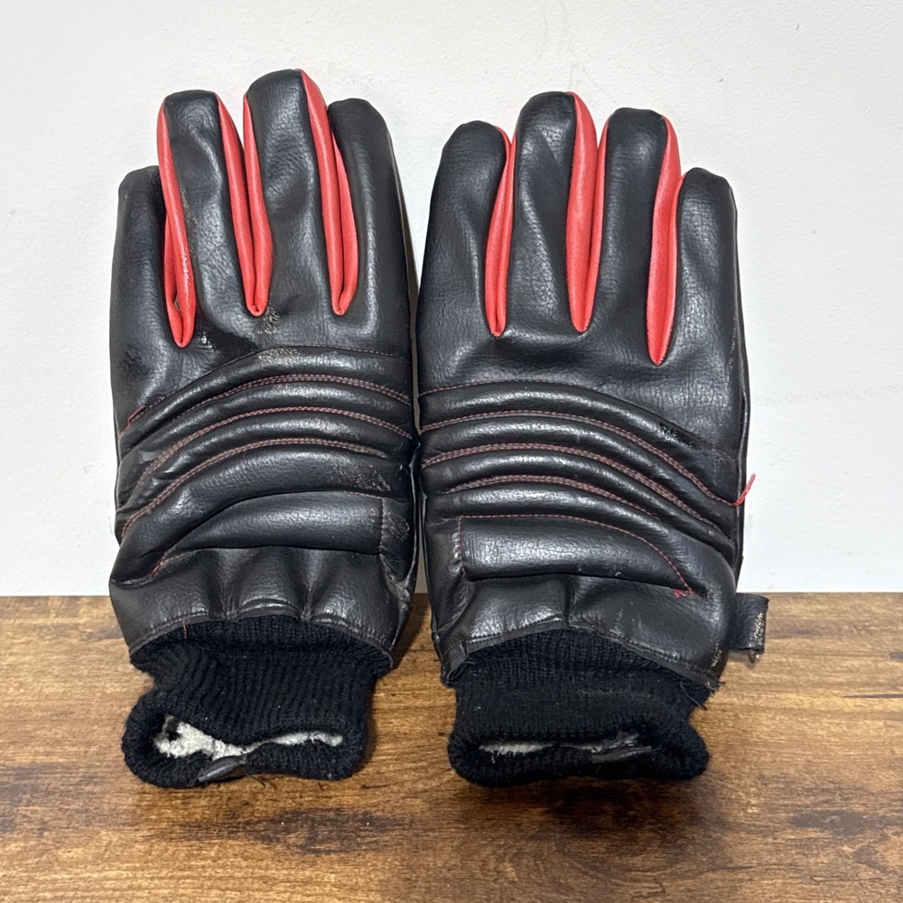 Vintage 1980s Vinyl Ski Gloves, Red And Black, Lined, Made In Japan, Large